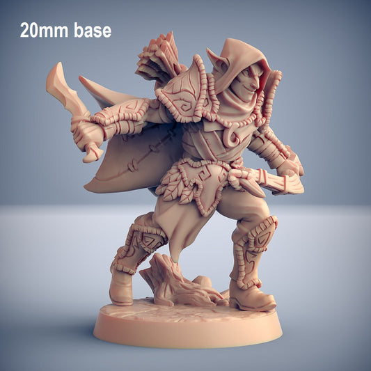 Image shows an 3D render of an elf thief gaming miniature holding two daggers