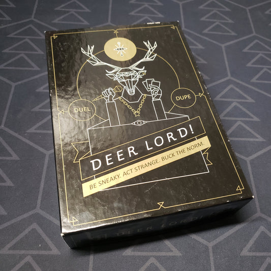 Image shows the front cover of the box for the DEER LORD! card game