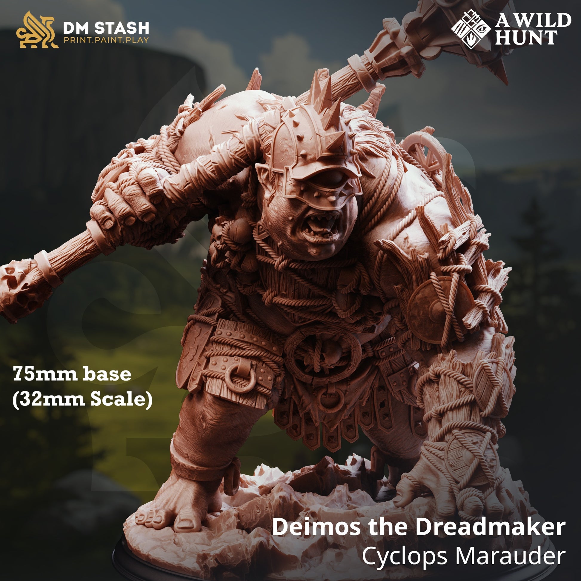 Image shows a 3D render of a huge cyclops gaming miniature.