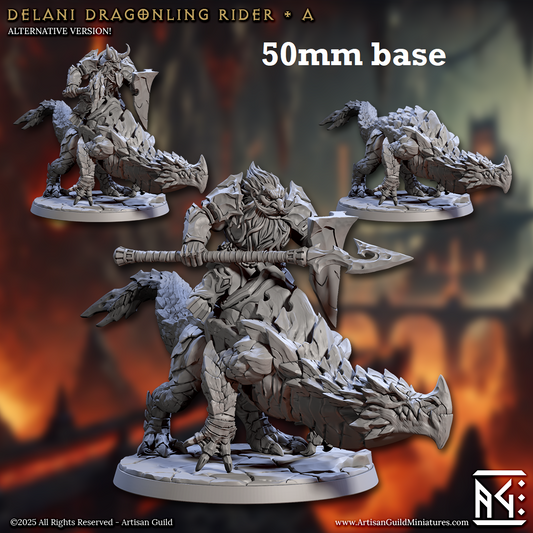 Image shows 3D renders of two sculpt options for a dwarf dragonrider cavalry gaming miniature.