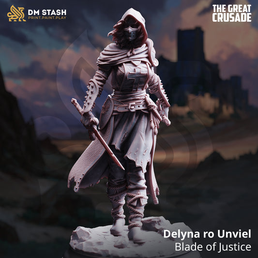 Image shows a 3D render of a elf assassin gaming miniature.