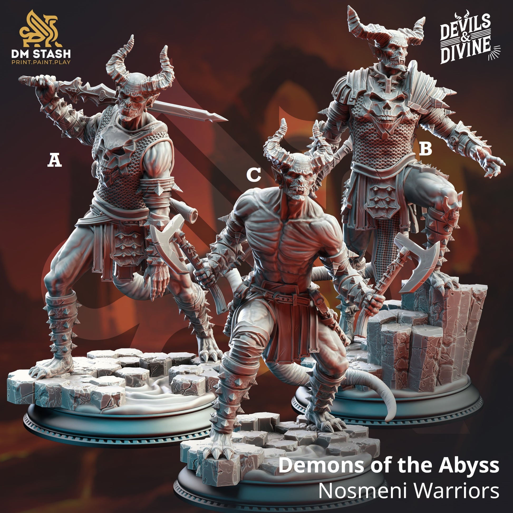 Image shows 3D renders for three different sculpt options of a demon warrior gaming miniature