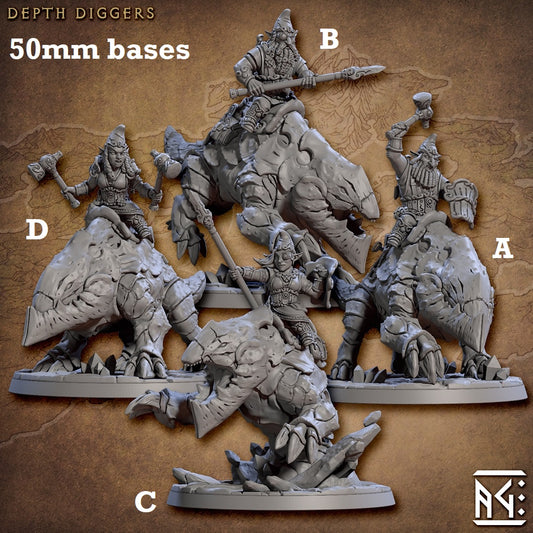Image shows 3D renders for four different sculpt options of a tunneling beast with gnome rider gaming miniature.