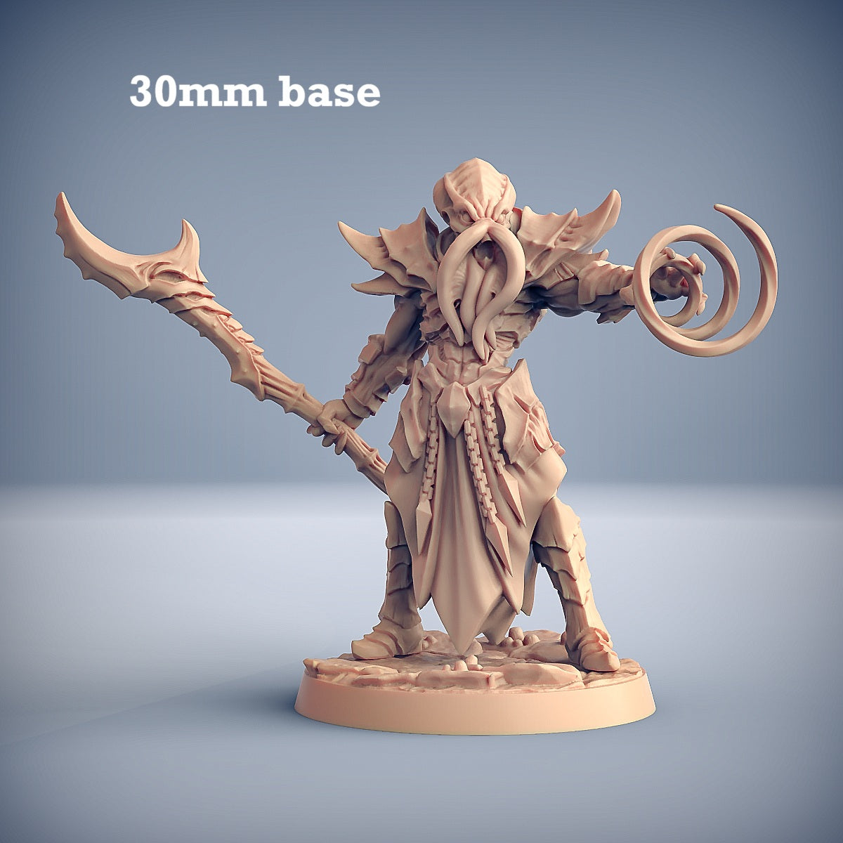 Image shows a 3D render of a mindflayer wizard gaming miniature.