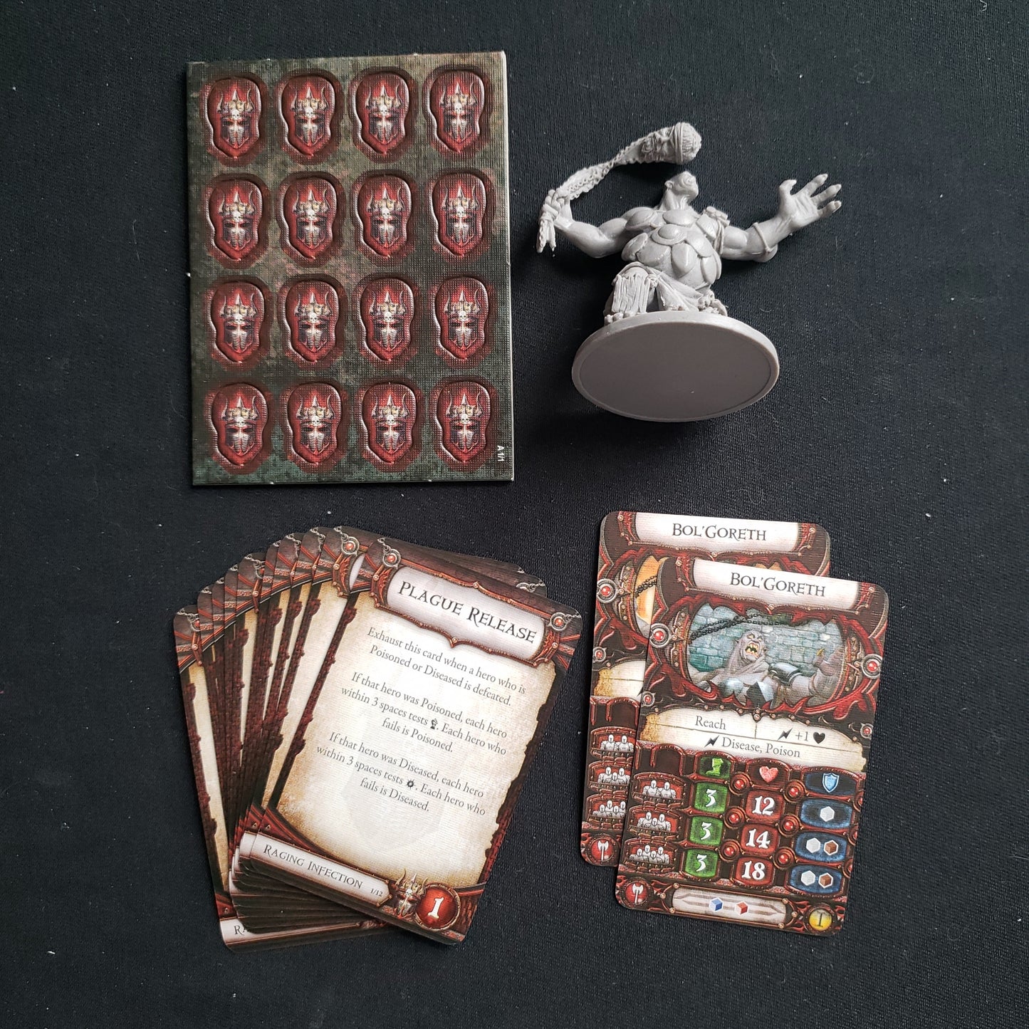 Image shows the components for the Bol'Goreth Lieutenant Pack expansion for the board game Descent: Journeys in the Dark Second Edition