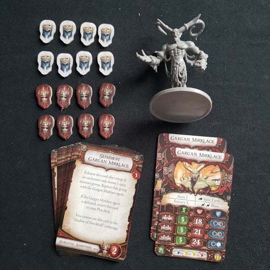 Image shows the components for the Gargan Mirklace Lieutenant Pack expansion for the board game Descent: Journeys in the Dark Second Edition
