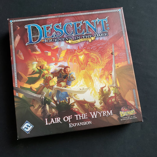 Image shows the front cover of the box of the Lair of the Wyrm expansion for the board game Descent: Journeys in the Dark