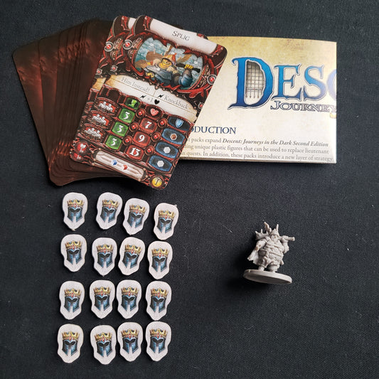 Image shows the components and instructions for the Splig Lieutenant Pack expansion for the board game Descent: Journeys in the Dark Second Edition