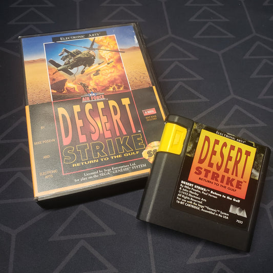 Image shows the case and cartridge for the video game Desert Strike for Sega Genesis