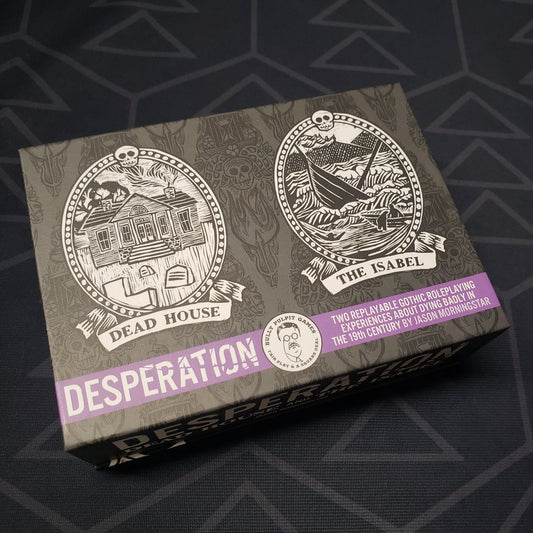 Image shows the front cover of the box for the roleplaying game Desperation: Dead House & The Isabel