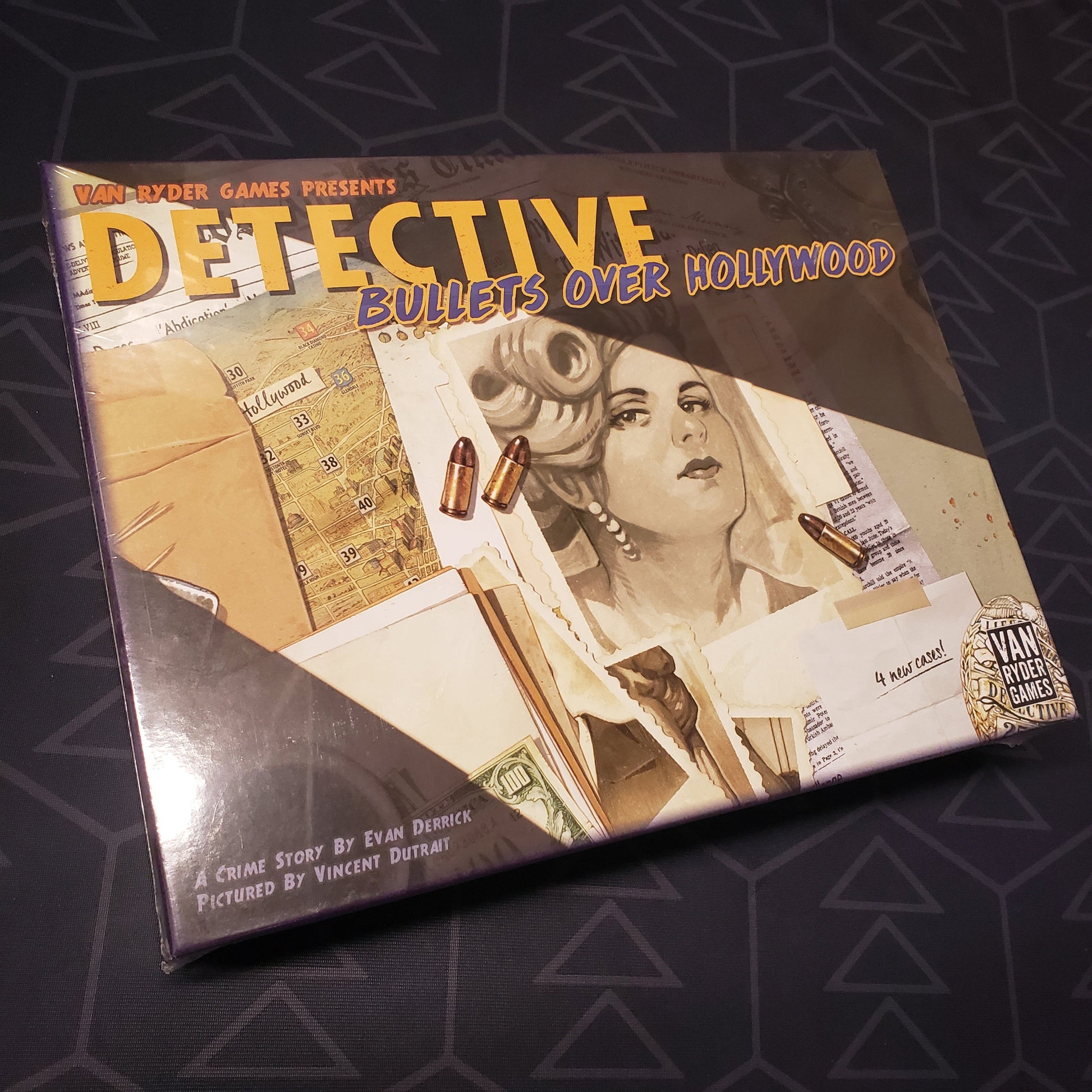 Image shows the front cover of the box of the Bullets Over Hollywood expansion for the board game Detective: City of Angels