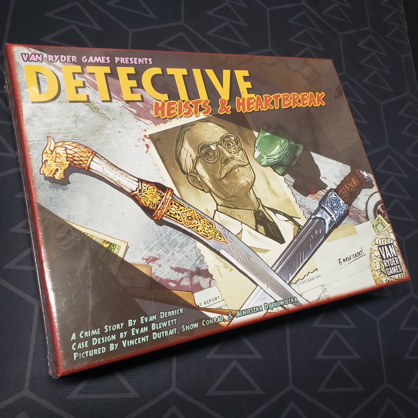 Image shows the front cover of the box of the Heists & Heartbreak expansion for the board game Detective: City of Angels
