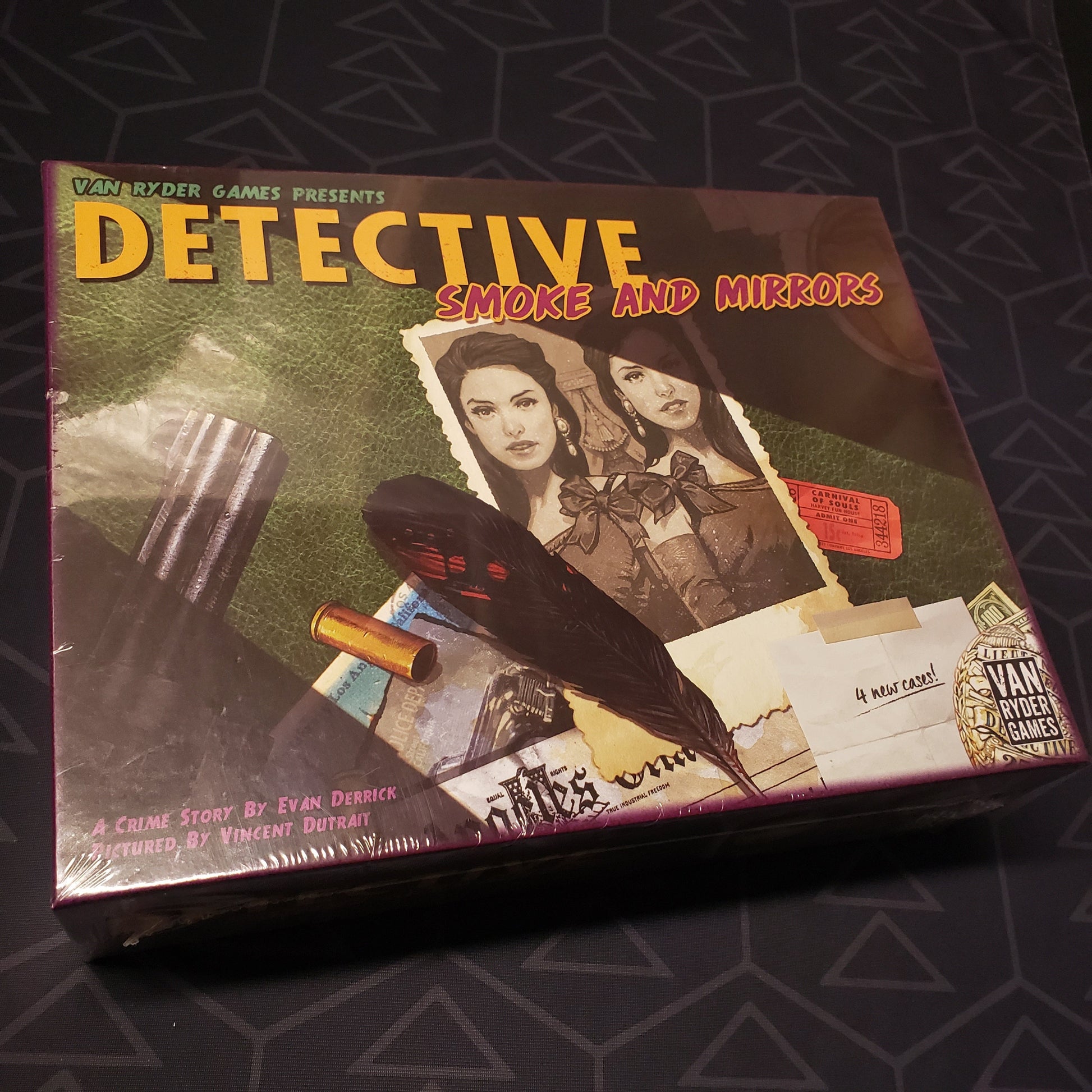 Image shows the front cover of the box of the Smoke and Mirrors expansion for the board game Detective: City of Angels