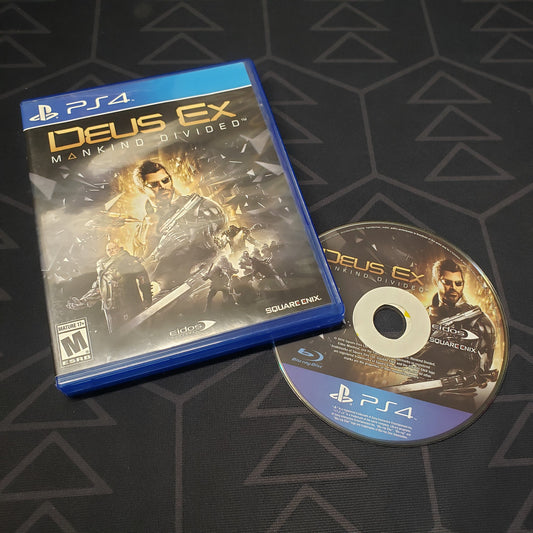 Image shows the case and disc for the video game Deus Ex: Mankind Divided for Playstation 4