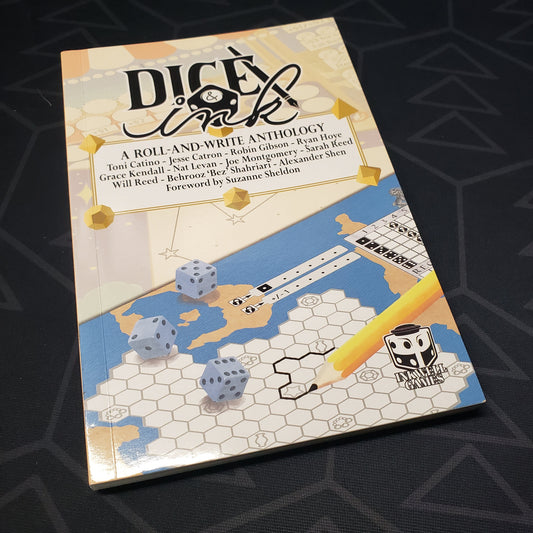 Image shows the front cover of the Dice & Ink: A Roll & Write Anthology gaming book