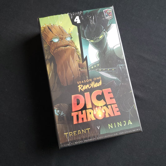 Image shows the front cover of the box of the Dice Throne: Season One Rerolled - Treant vs Ninja board game
