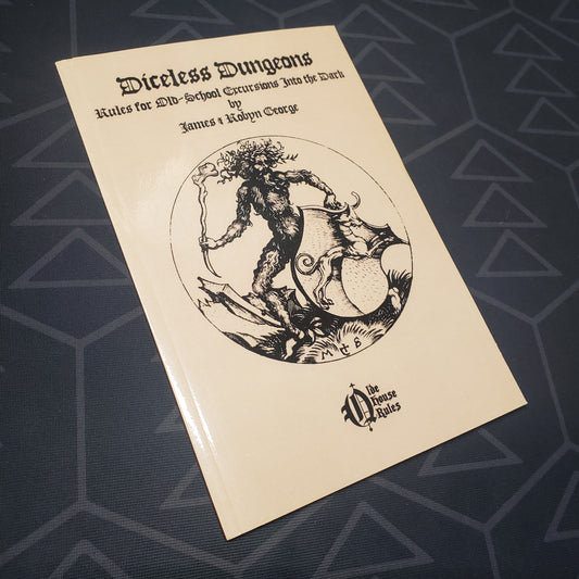 Image shows the front cover of the Diceless Dungeons roleplaying game book