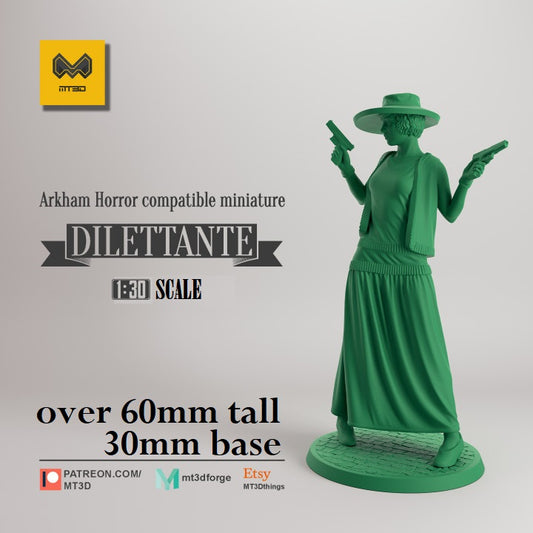 Image shows a 3D render of a 1920s era socialite gaming miniature.