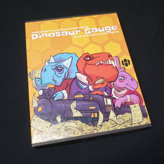 Image shows the front cover of the box of the Dinosaur Gauge board game