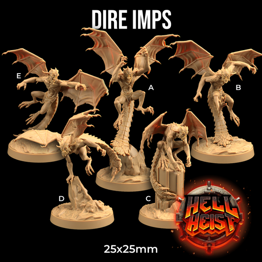 Image shows 3D renders of five different sculpt options for a winged imp gaming miniature