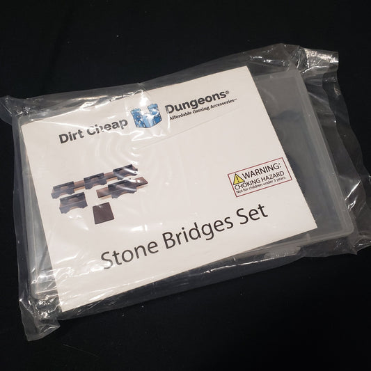 Image shows the front of the packaging of the Stone Bridges set for the Dirt Cheap Dungeons modular terrain system