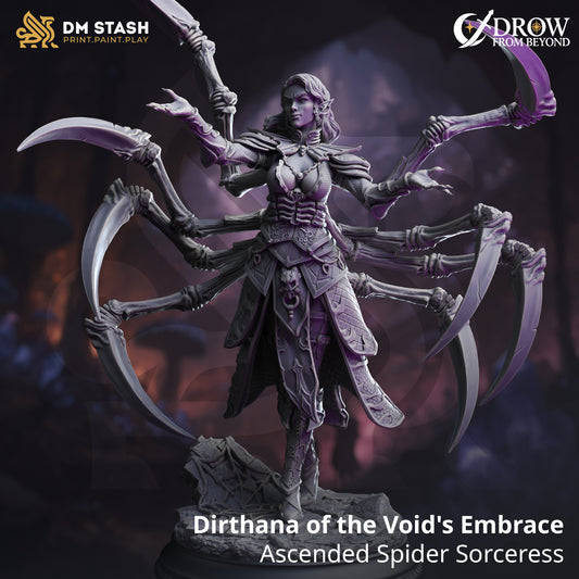 Image shows a 3D render of a drow sorceress gaming miniature with spider legs coming out of her back