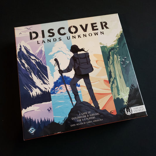 Image shows the front cover of the box of the Discover: Lands Unknown board game