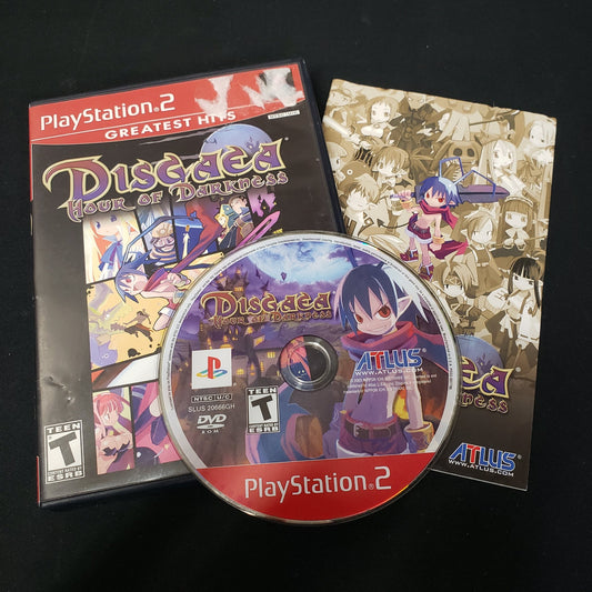 Image shows the case, manual & disc for the video game Disgaea: Hour of Darkness for Playstation 2