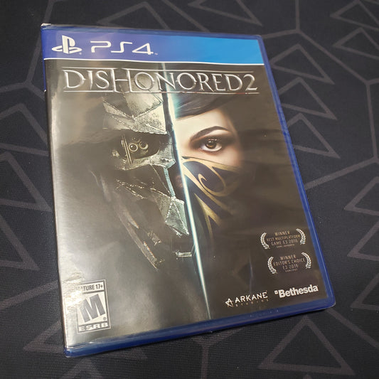 Image shows the front of the case for the video game Dishonored 2 for Playstation 4