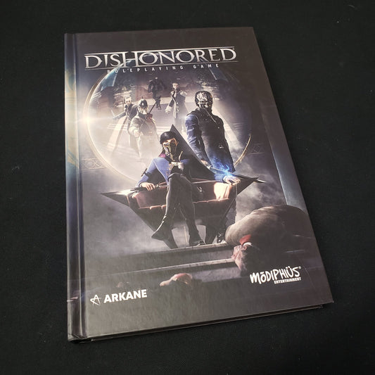 Image shows the front cover of the core rulebook for the roleplaying game Dishonored