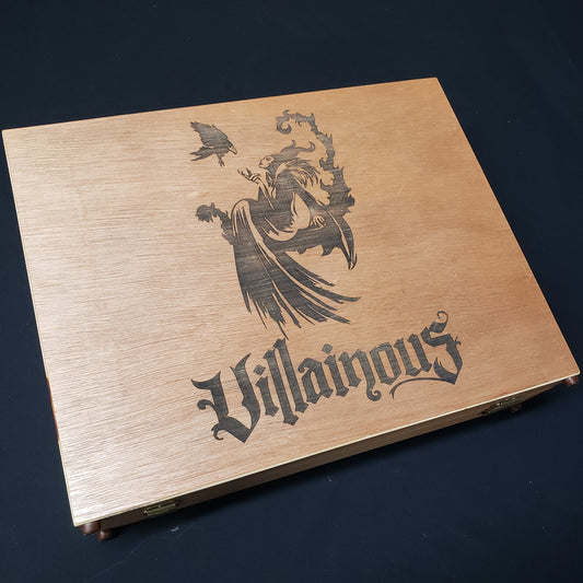 Image shows the top of the custom wood box for a Disney Villainous card game collection