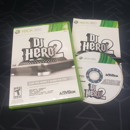 Image shows the case, manual & disc for the video game DJ Hero 2 for Xbox 360