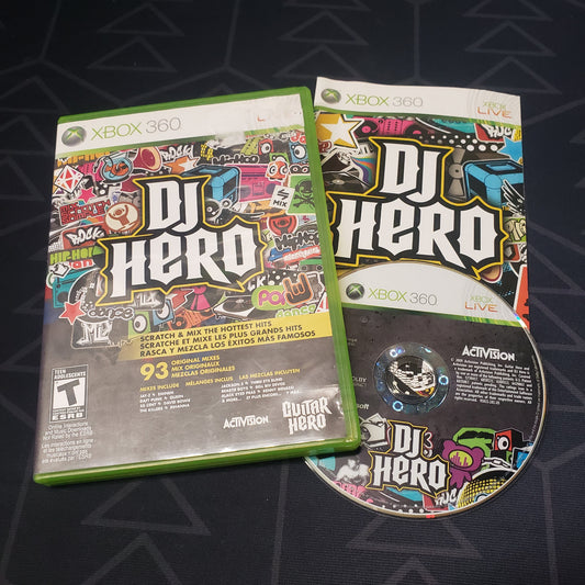 Image shows the case, manual & disc for the video game DJ Hero for Xbox 360
