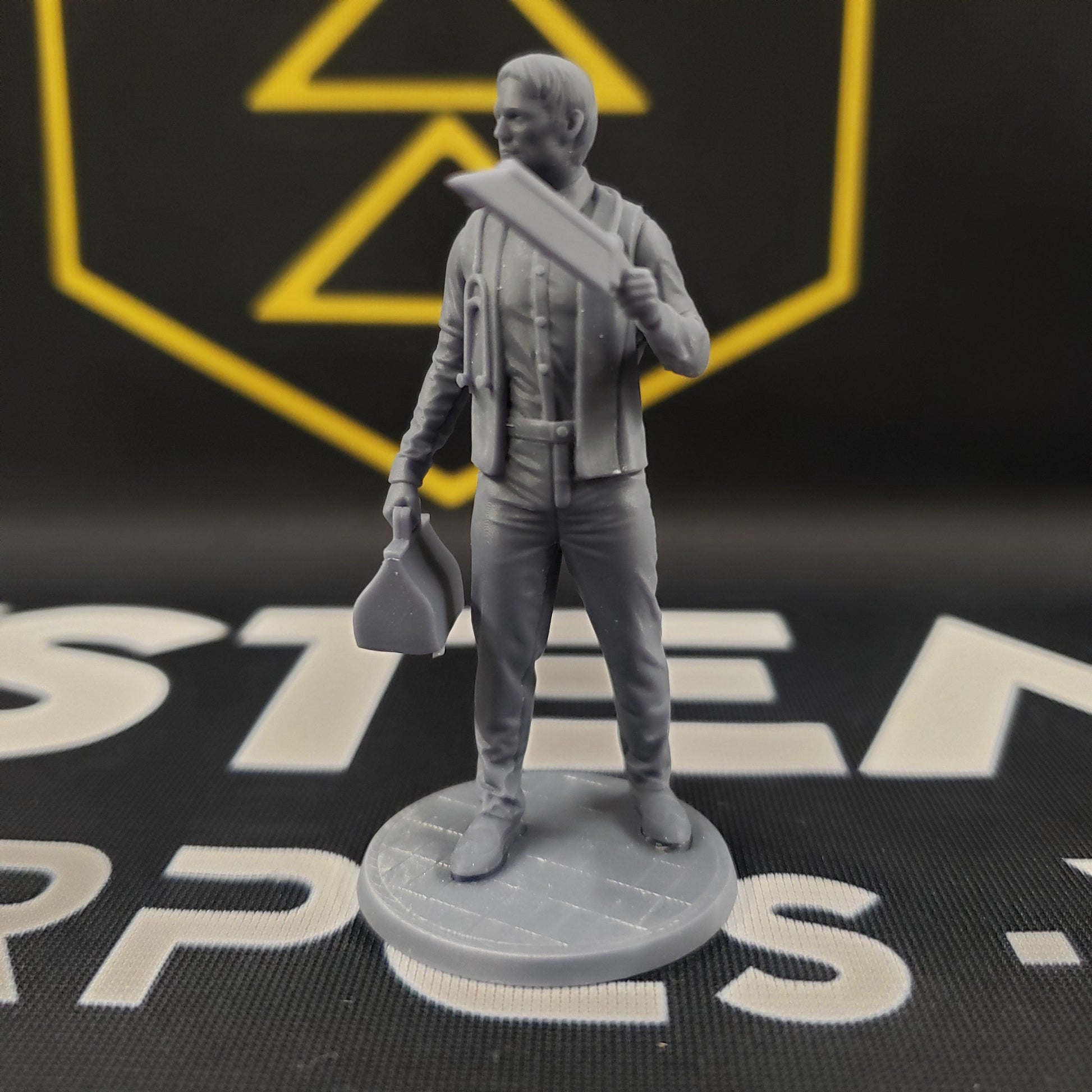 Image shows a 1920s era doctor 3D printed gaming miniature holding a bonesaw