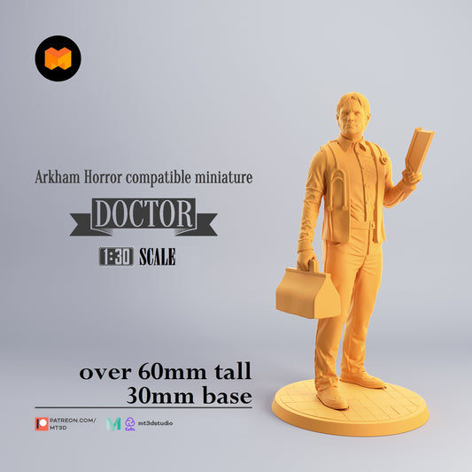 Image shows a 3D render of a 1920s era doctor gaming miniature holding a bonesaw