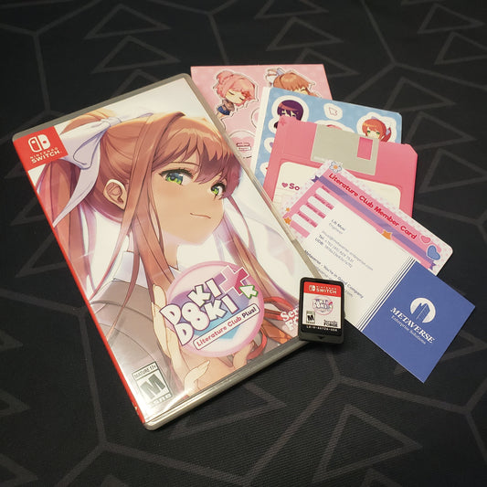 Image shows the case, extras and cartridge for the video game Doki Doki Literature Club Plus! for Nintendo Switch