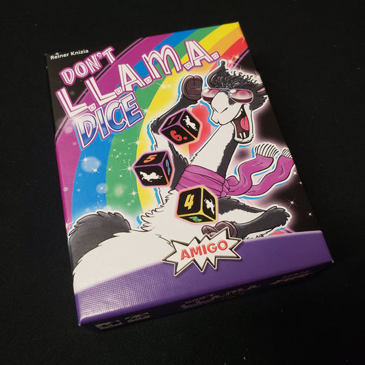Image shows the front cover of the box of the board game Don't L.L.A.M.A. Dice