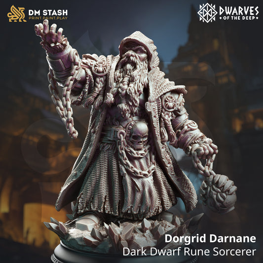 Image shows a 3D render of a dwarf sorcerer gaming miniature