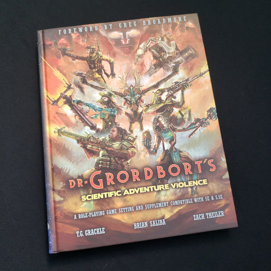 Image shows the front cover of the core rulebook for the Dr. Grordbort's Scientific Adventure Violence roleplaying gam