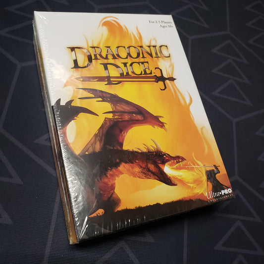 Image shows the front cover of the box for the Draconic Dice board game