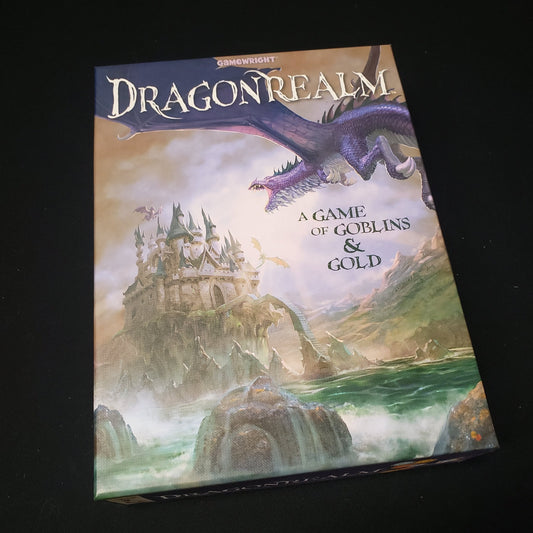 Image shows the front cover of the box of the Dragonrealm card game