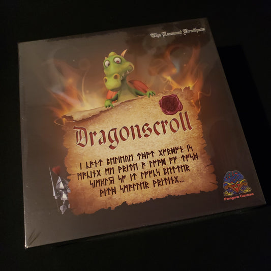 Image shows the front cover of the box of the Dragonscroll board game