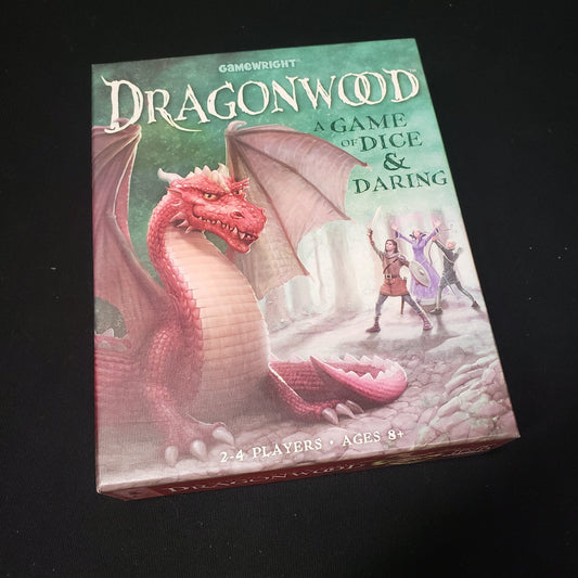 Image shows the front cover of the box of the Dragonwood card game