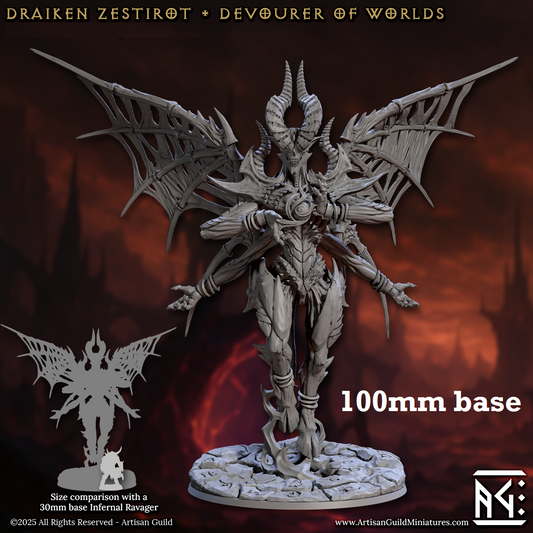 Image shows a 3D render of a huge four-armed demon warlord gaming miniature.