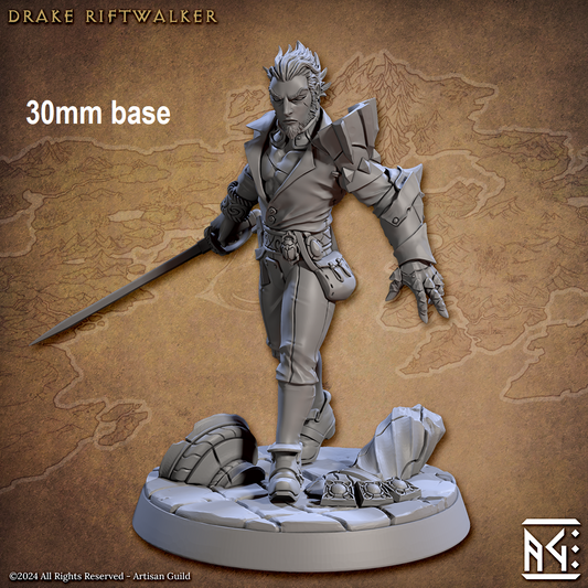 Image shows an 3D render of a human rogue gaming miniature holding a rapier out behind him