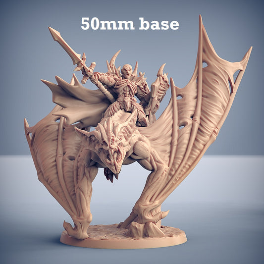 Image shows a 3D render of a gaming miniature featuring a vampire warrior right a giant dire bat