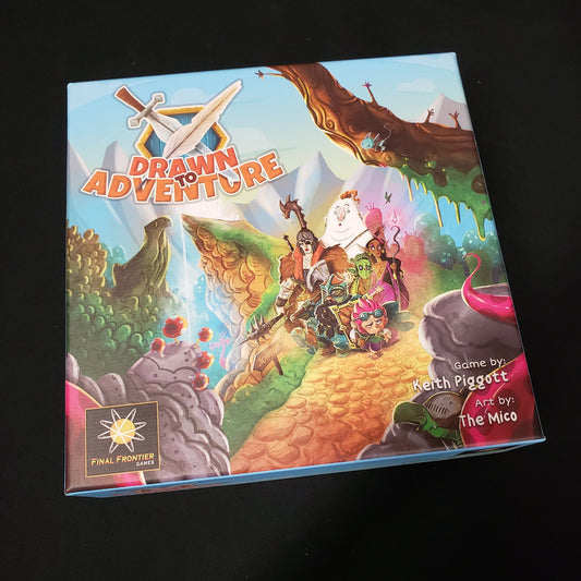 Image shows the front cover of the box of the Drawn to Adventure board game