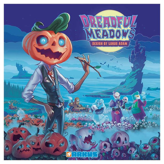 Image shows the front cover of the box of the Dreadful Meadows board game