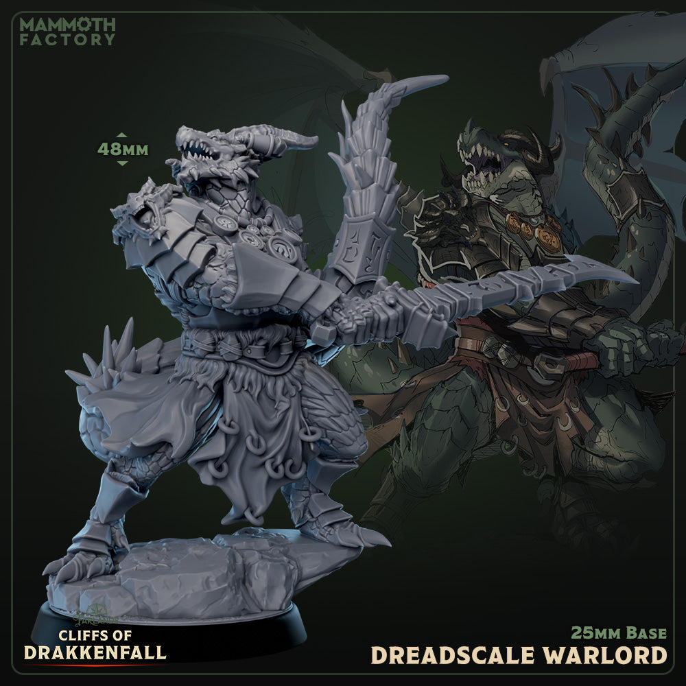 Image shows a 3D render of a dragonborn warlord gaming miniature.