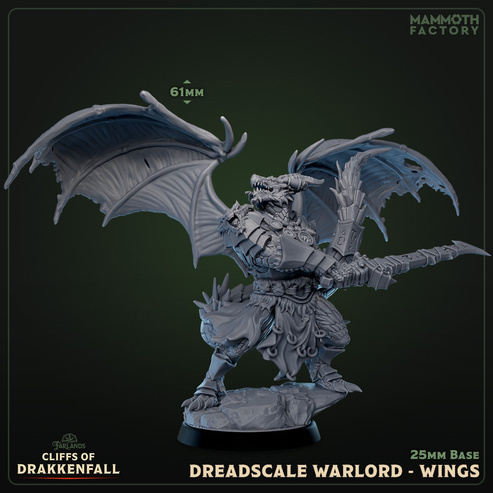 Image shows a 3D render of a winged dragonborn warlord gaming miniature.
